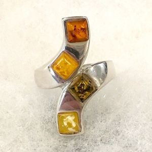 VINTAGE Amber Sterling Silver Bypass Ring Sz 9-1/2